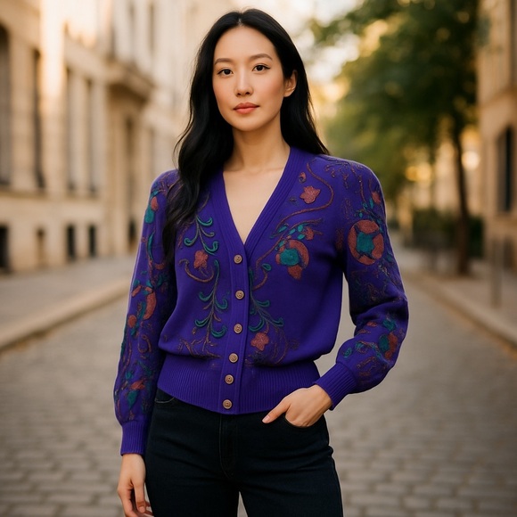 Sweaters - Umi Collections Anne Crimmins Vintage 80s Purple Cardigan Knit Sweater Floral L